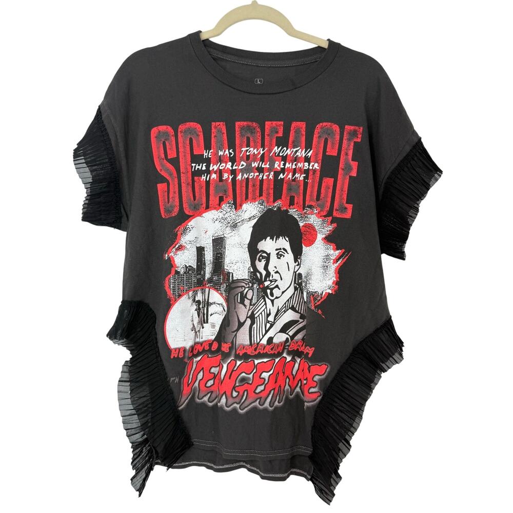 Scarface Tony Montana Ruffle Graphic T Shirt Women’s Large Black Y2K Grunge